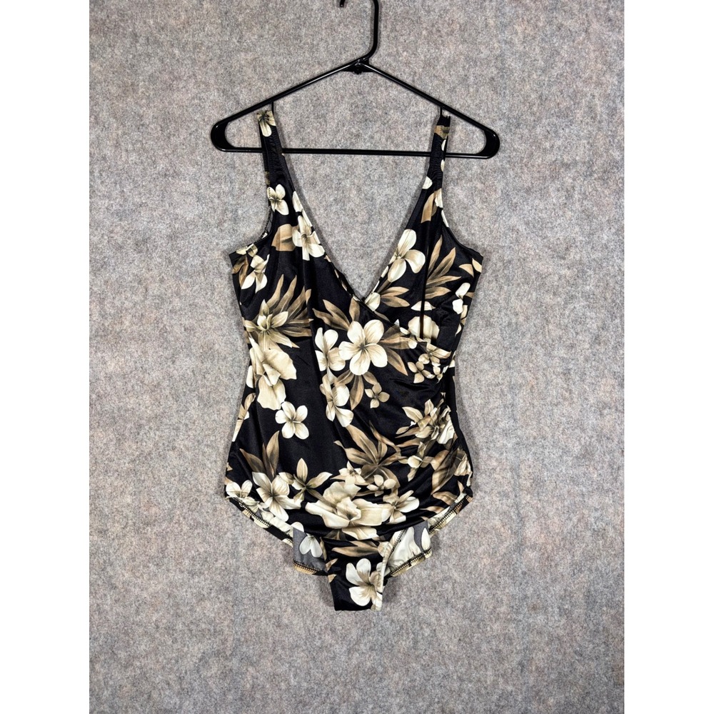 Miraclesuit One Piece Swimsuit Womens 16 Black Floral Ruched‎ Surplice Slimming